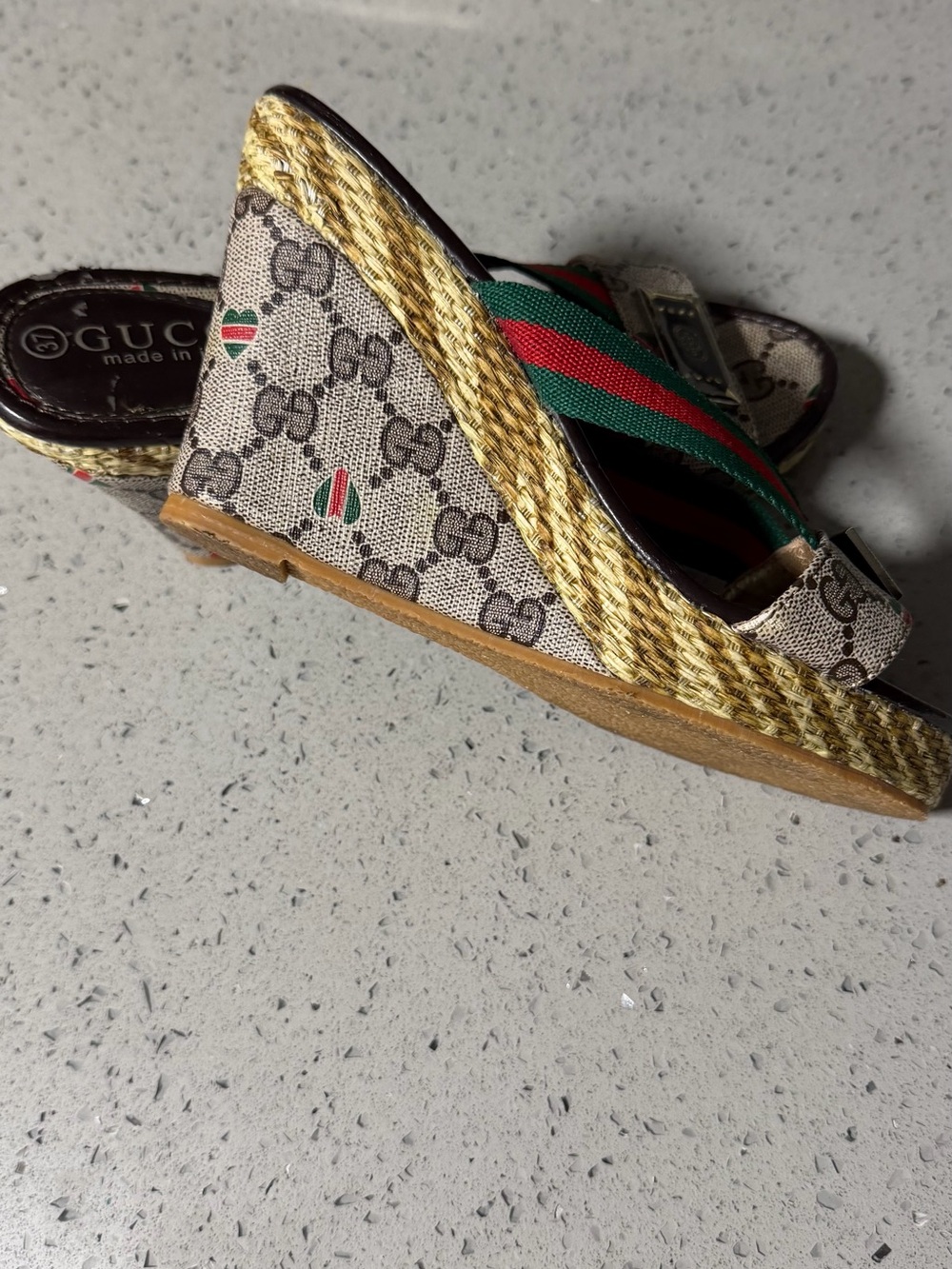 Gucci Brown Monogram Wedge Sandals with Red and Green Webbing - Picture 2 of 5